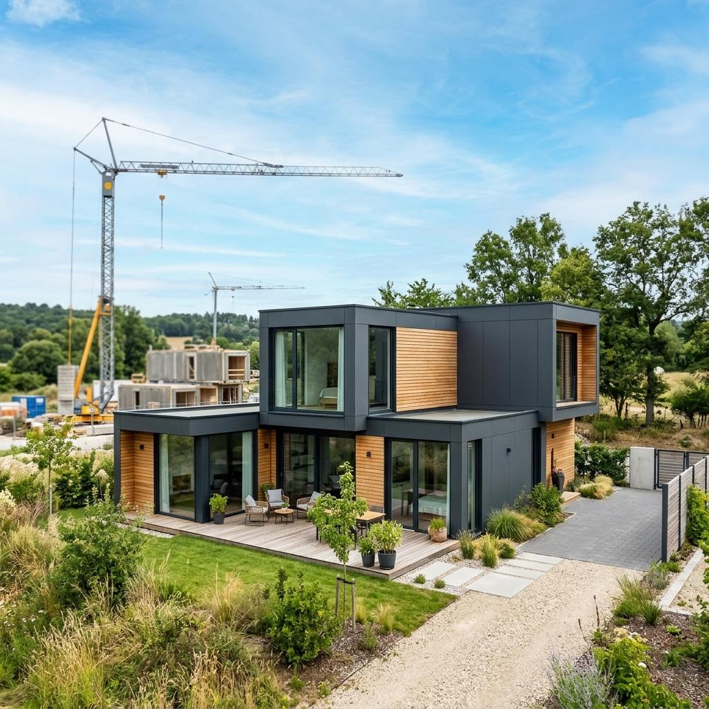 Modernes Musterhaus als KfW 40 Modulhaus aus vorgefertigten Raummodulen
