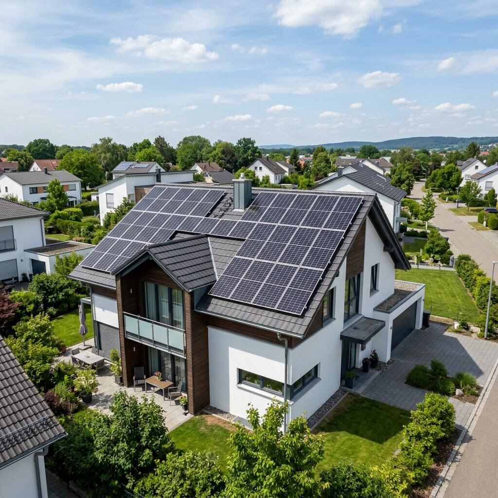 Solaranlage mit Batteriespeicher an einem Musterhaus im KfW 40 Plus Standard
