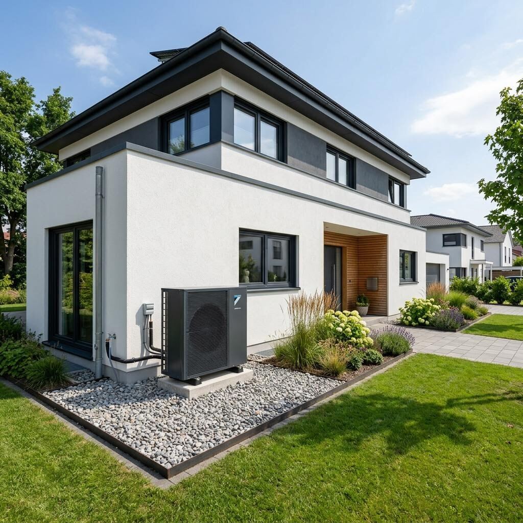 Moderne Wärmepumpe im Außenbereich eines Effizienzhaus 40