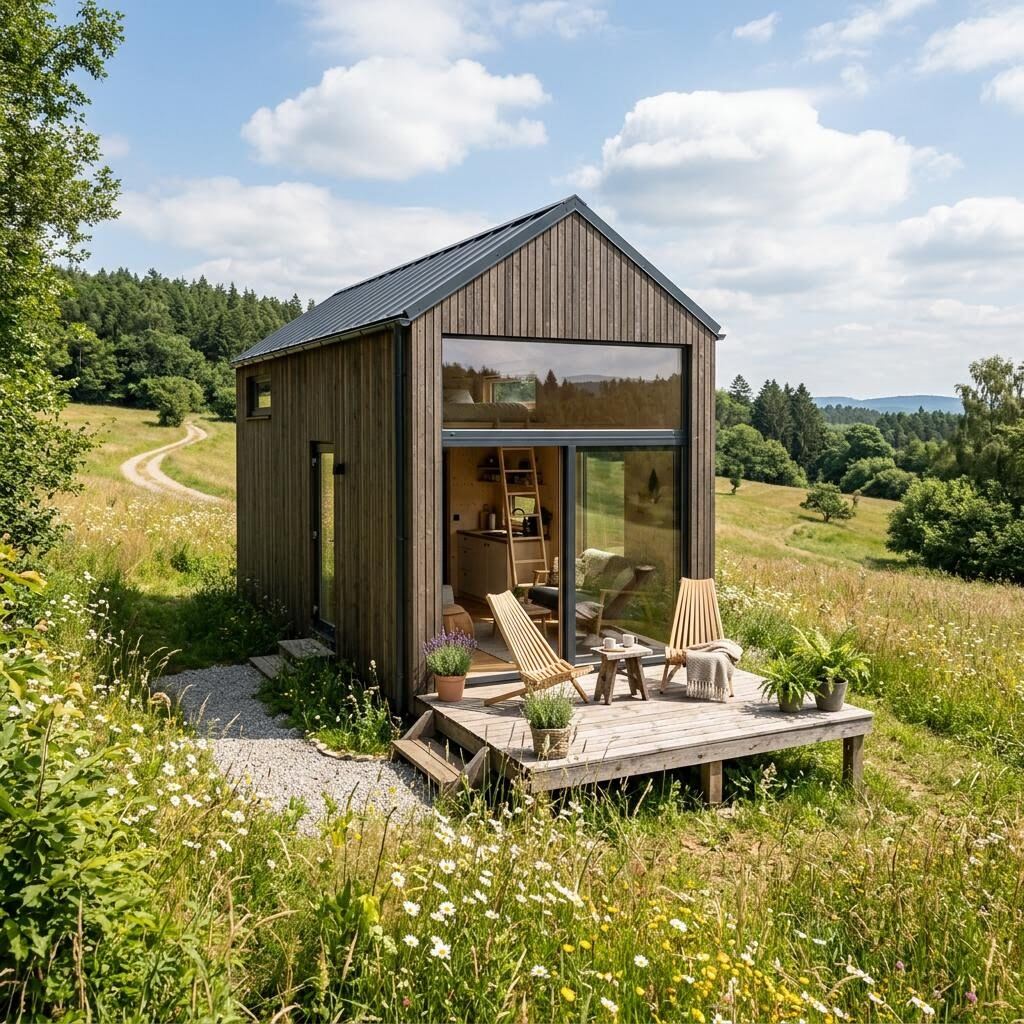 Modernes Tiny House als Effizienzhaus-40-Musterhaus im Grünen